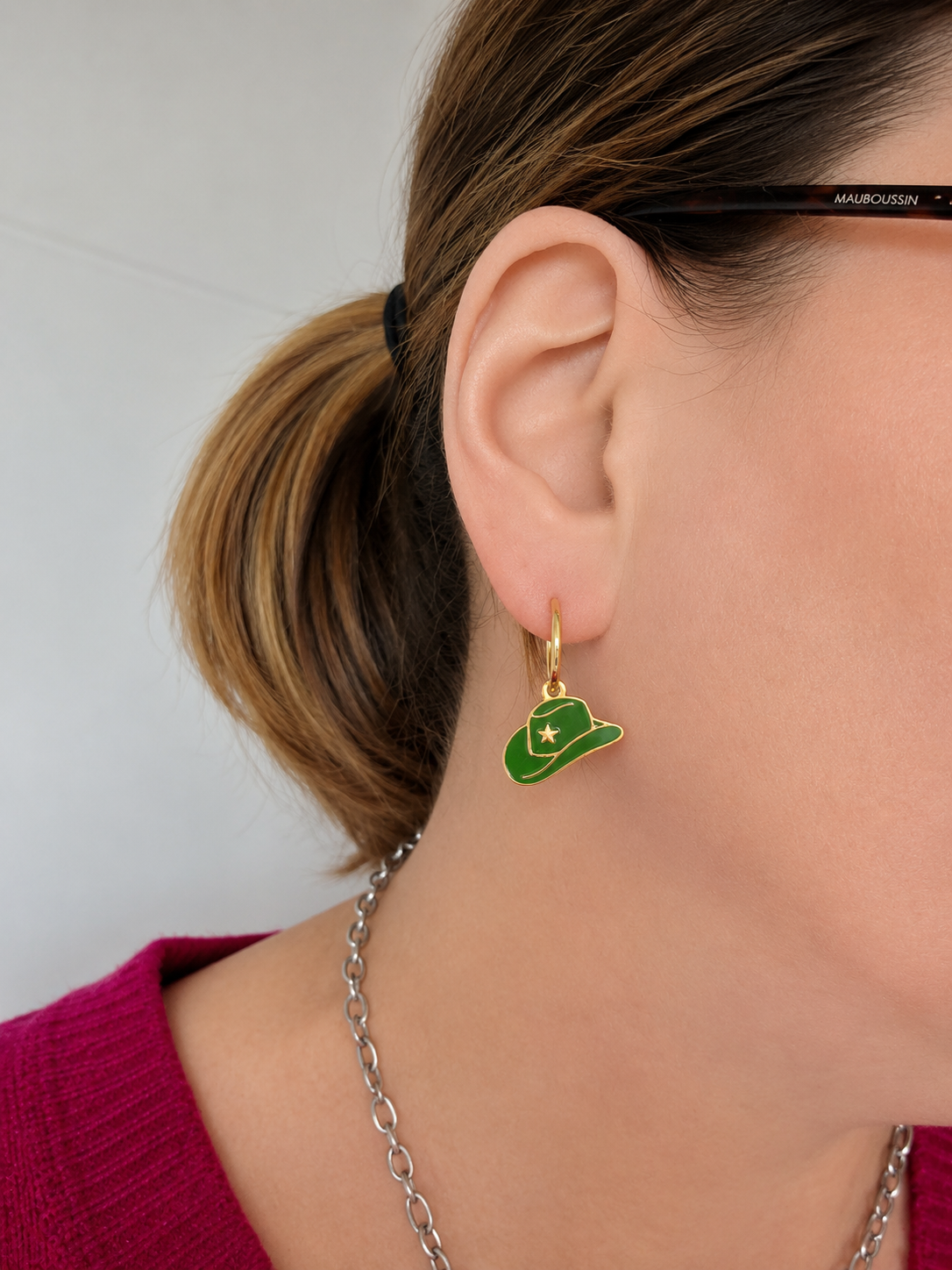Boucles d'oreilles créoles + chapeau cowboy - Vert