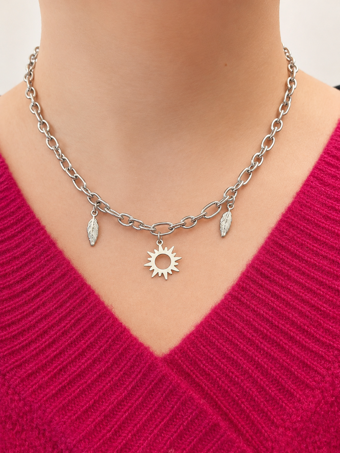 Collier en grosse maille Soleil & Plumes Argenté