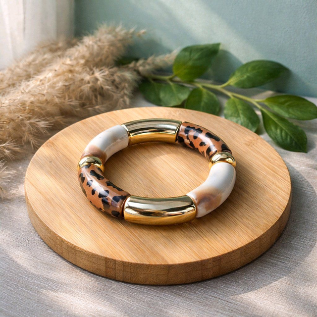 Bracelet en perles maxi tubes couleur leopard doré- la fabrique à pampilles