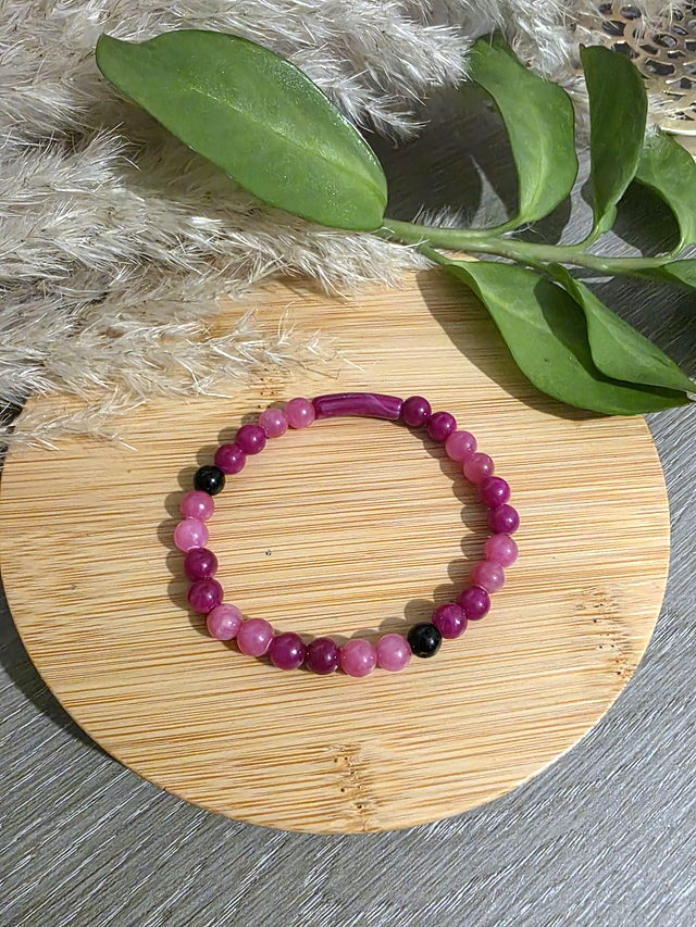 Bracelet perles rondes + tubes - Rose/framboise