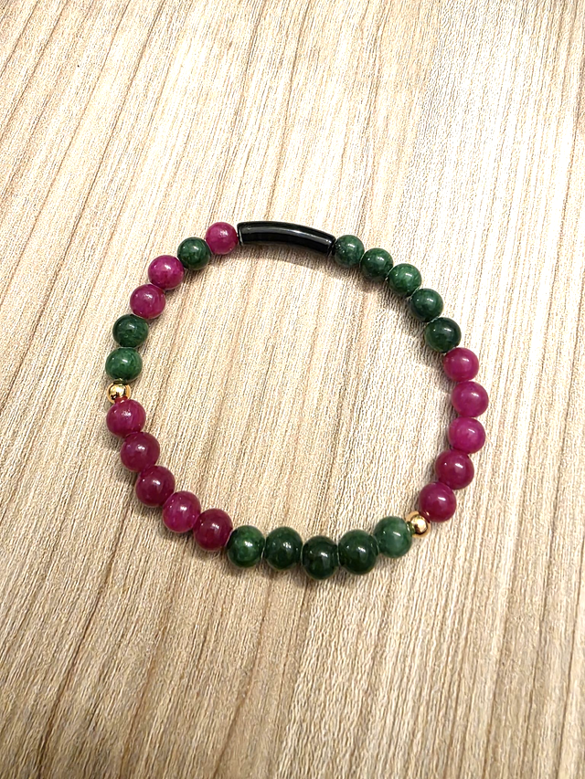 Bracelet perles rondes + tubes - Vert/framboise