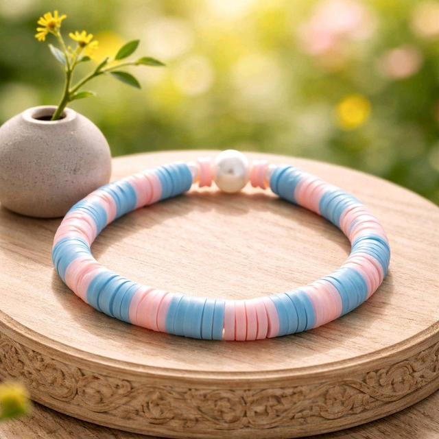 Bracelet en perles heishi  avec perle couleur bleu et rose- la fabrique à pampilles