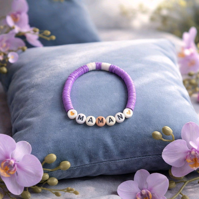 Bracelet en perles heishi "maman" couleur violet et blanc- la fabrique à pampilles