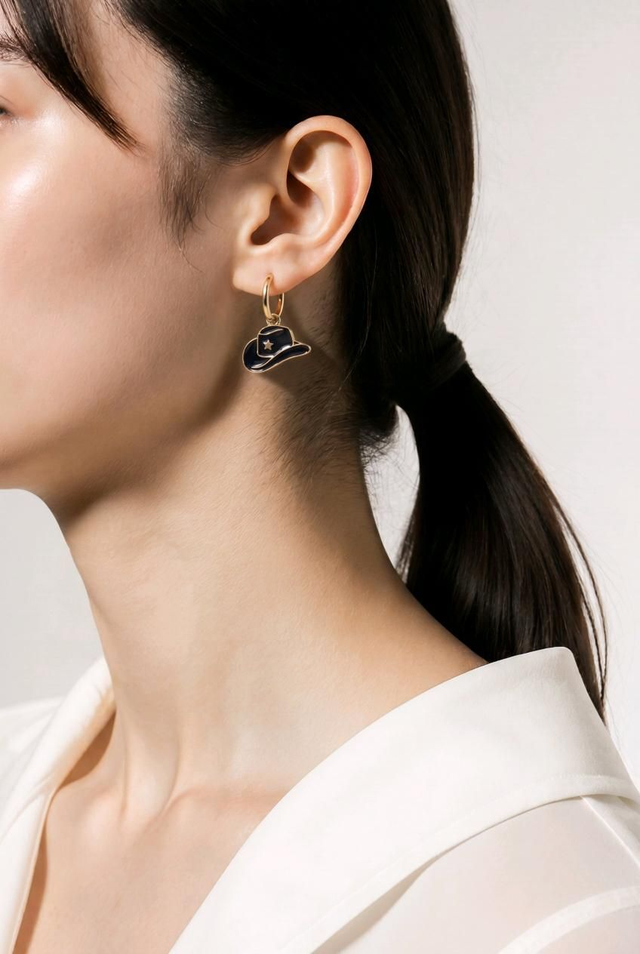 Boucles d'oreilles créoles + chapeau cowboy - Noir