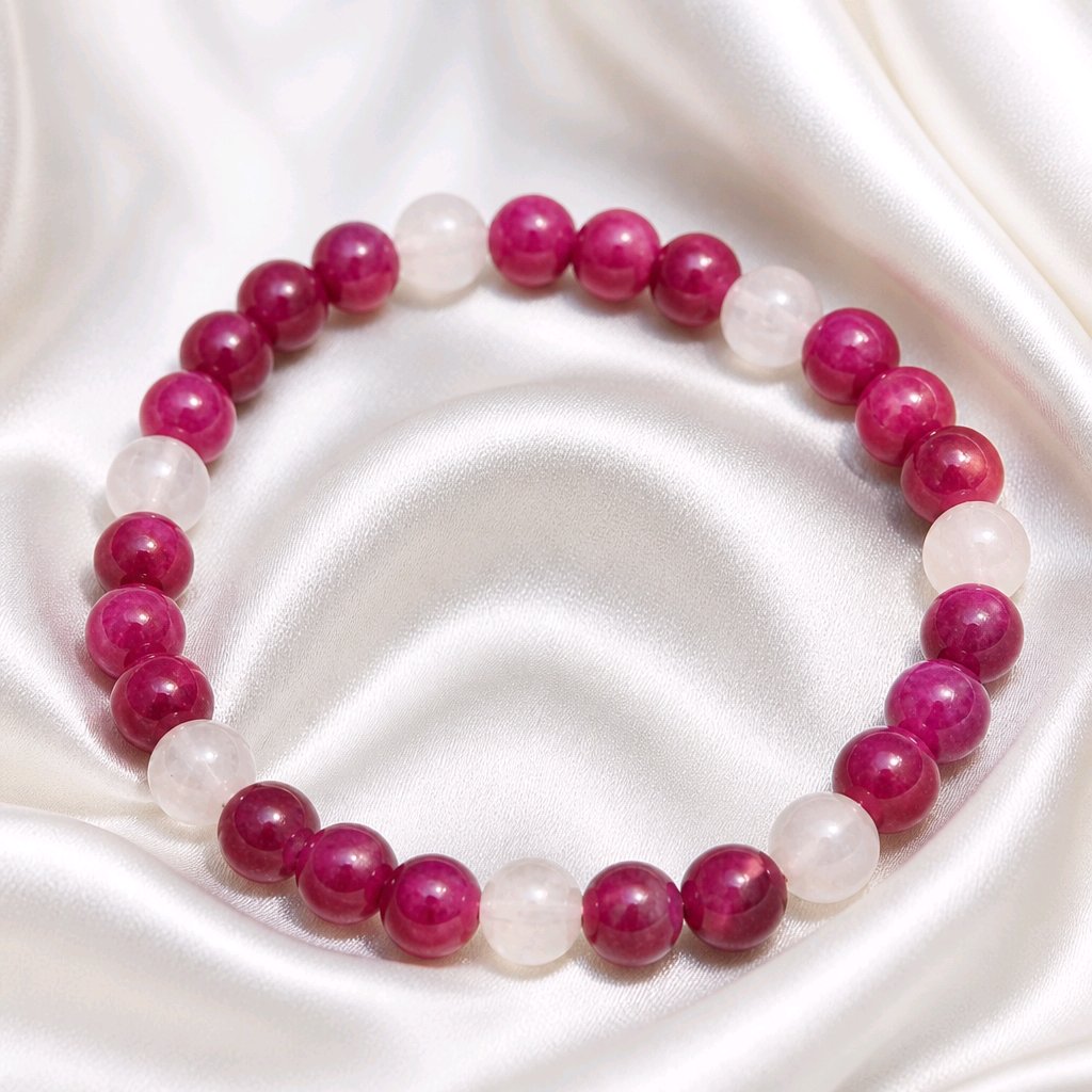 Bracelet perles rondes framboise-perles de lune