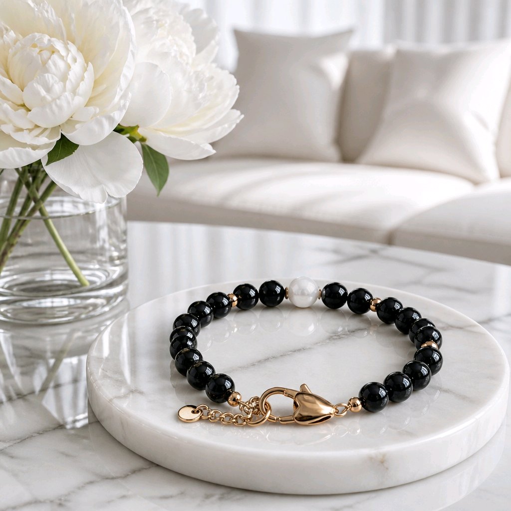 Bracelet en perles rondes avec fermoir – Noir