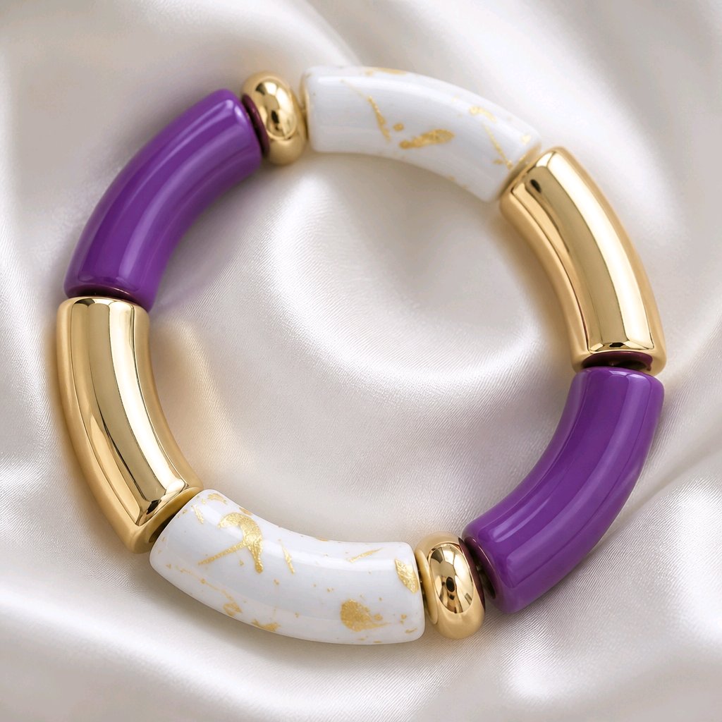 Bracelet maxi tubes violet/doré/blanc