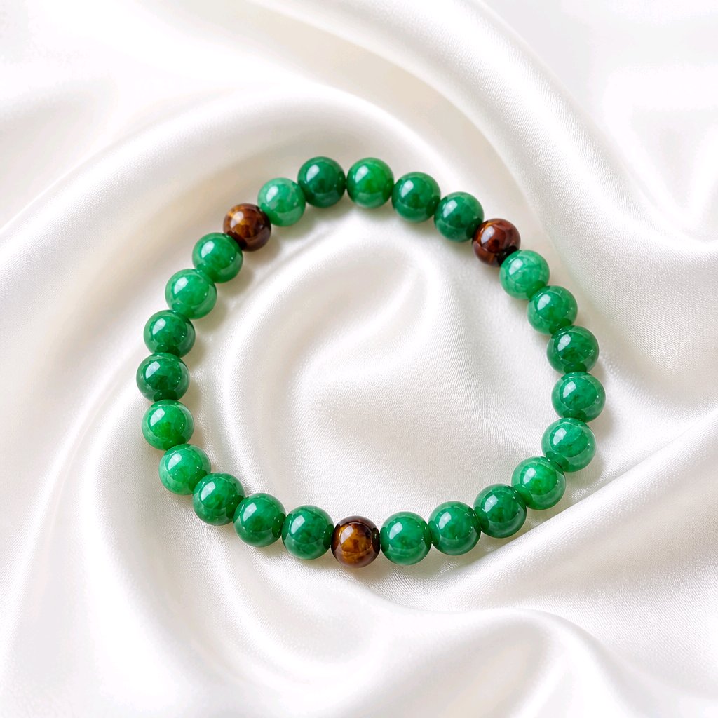 Bracelet élastique perles rondes vertes foncé et marron