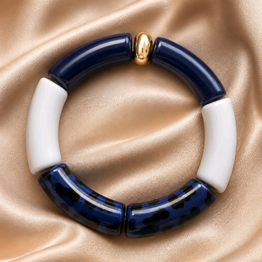 Bracelet maxi tubes bleu foncé/blanc