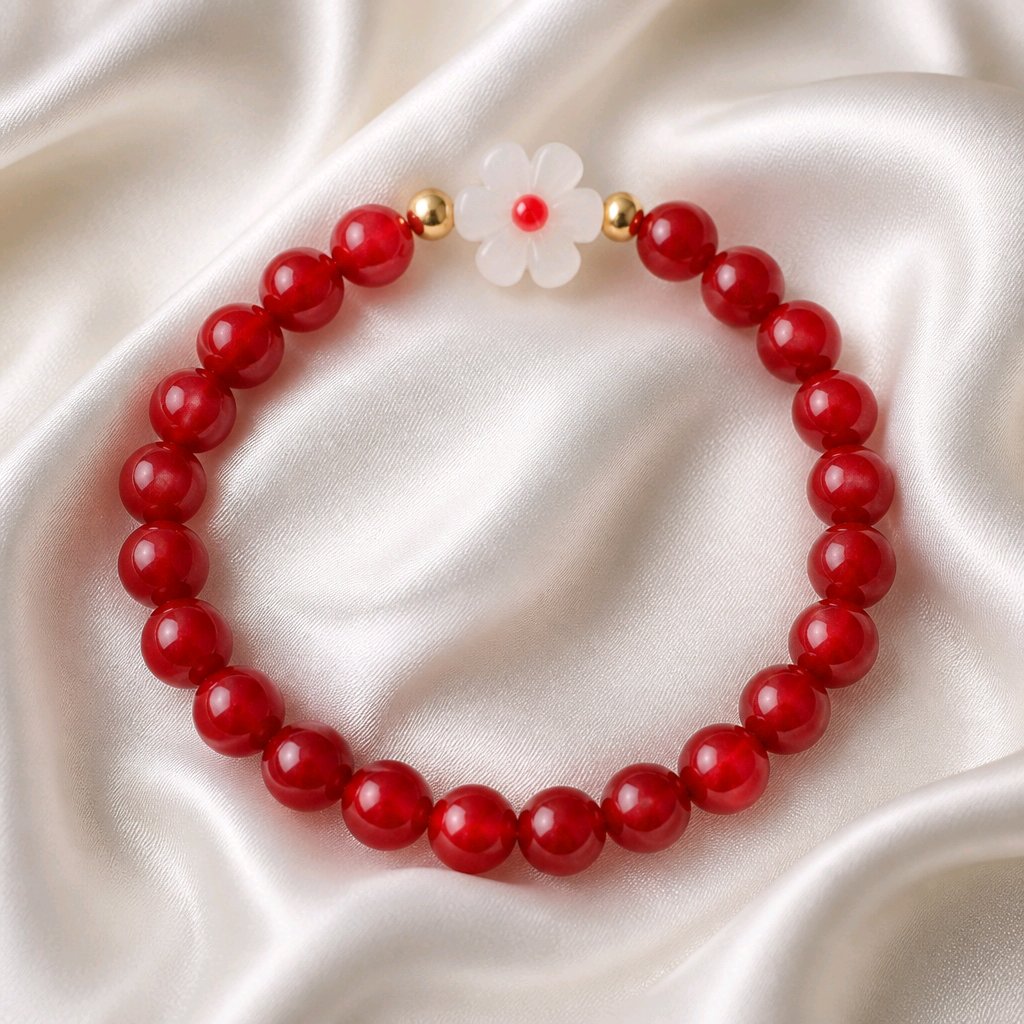 Bracelet rouge fleur blanche