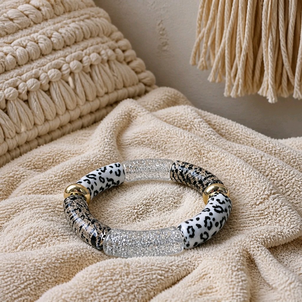 Bracelet maxi tubes gris paillettes zebré