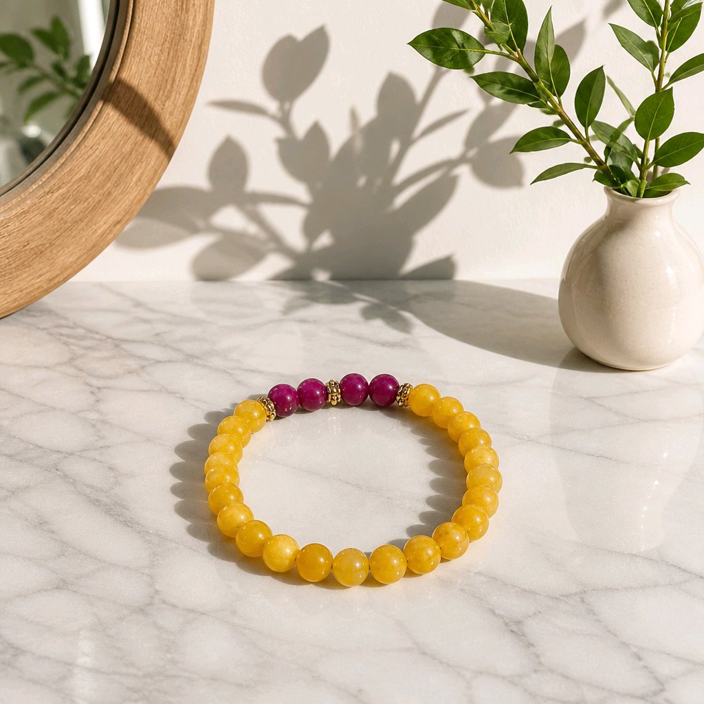 Bracelet perles rondes -jaune/framboise