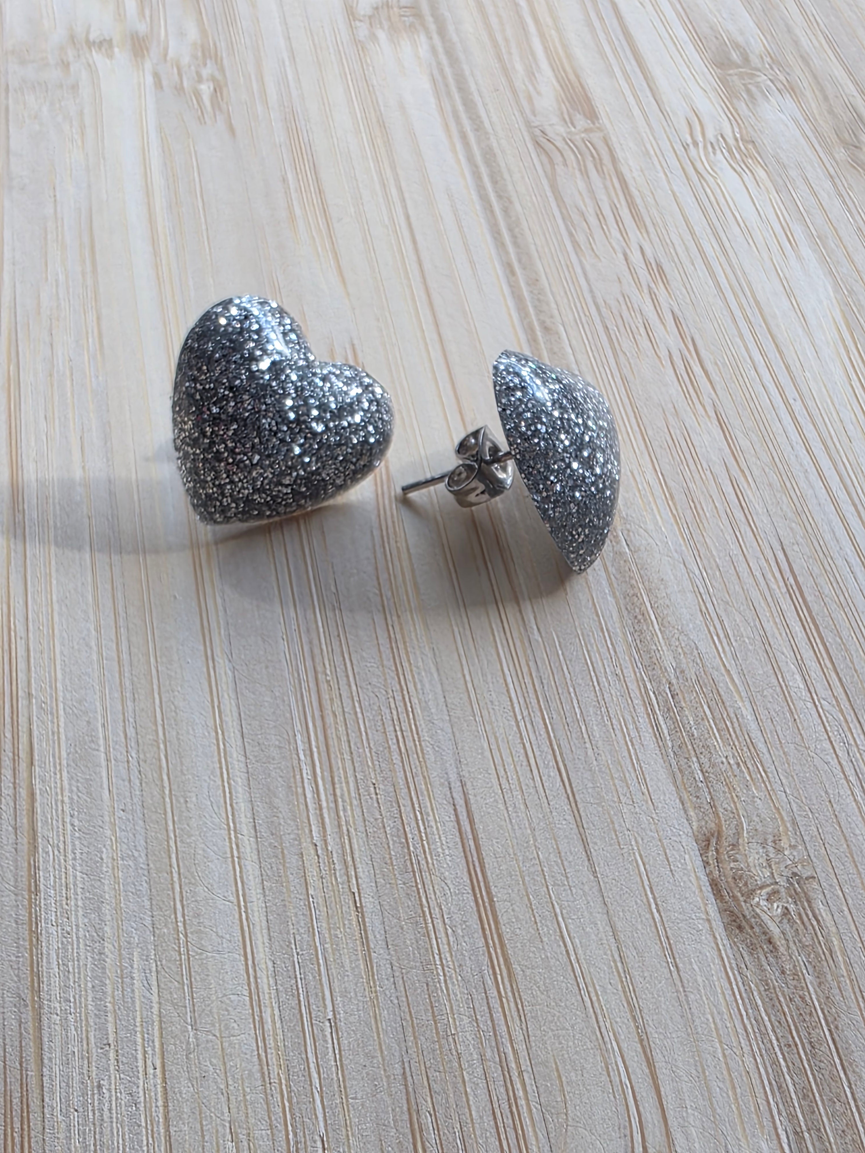 Puces d oreilles grand coeur - gris pailleté