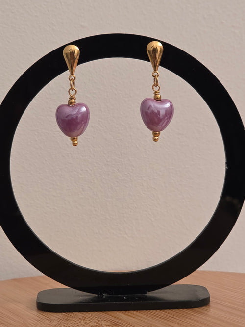 Boucle d'oreille cœur en céramique mauve