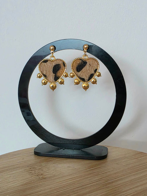 Boucles d'Oreilles Cœur Léopard – Fermoir Boule Doré