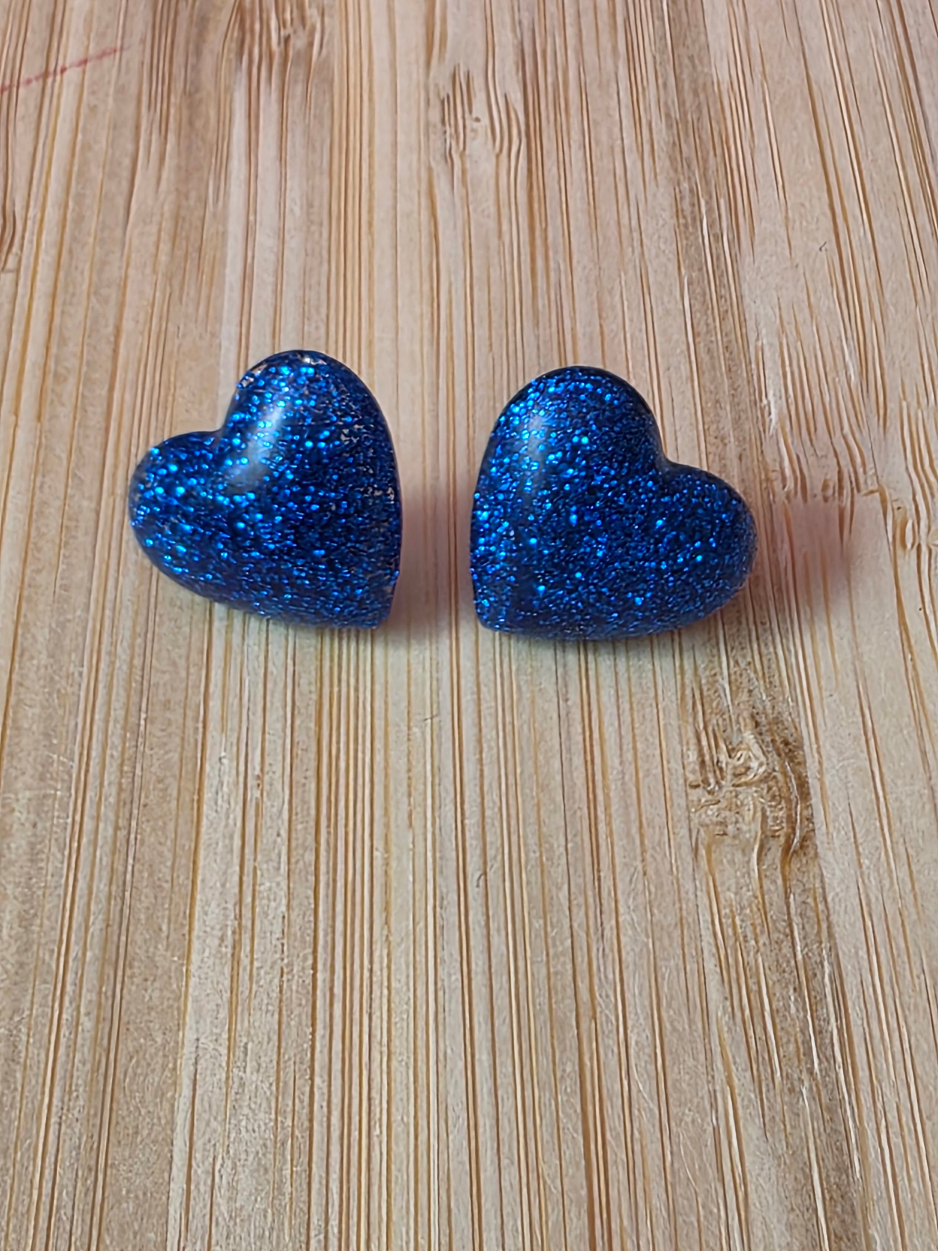 Puces d oreilles grand coeur - bleu pailleté