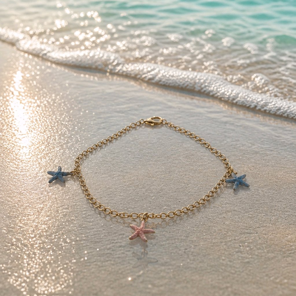 Bracelet doré étoiles de mer rose/bleu
