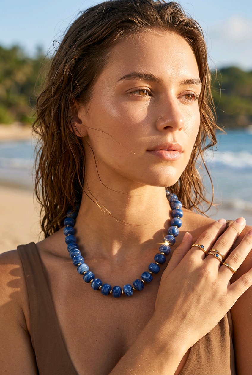 Collier grosses perles en acrylique bleu marbré