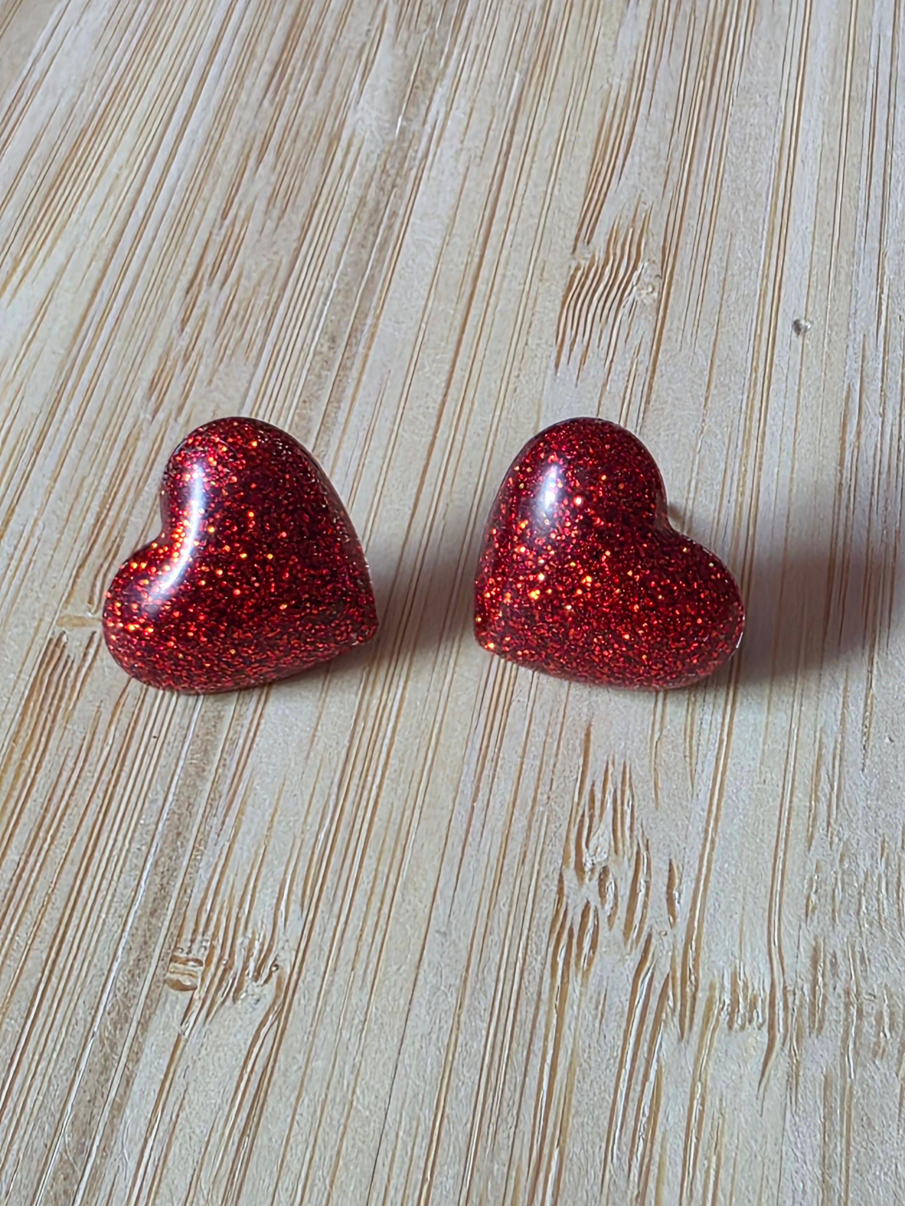 Puces d oreilles grand coeur - rouge pailleté