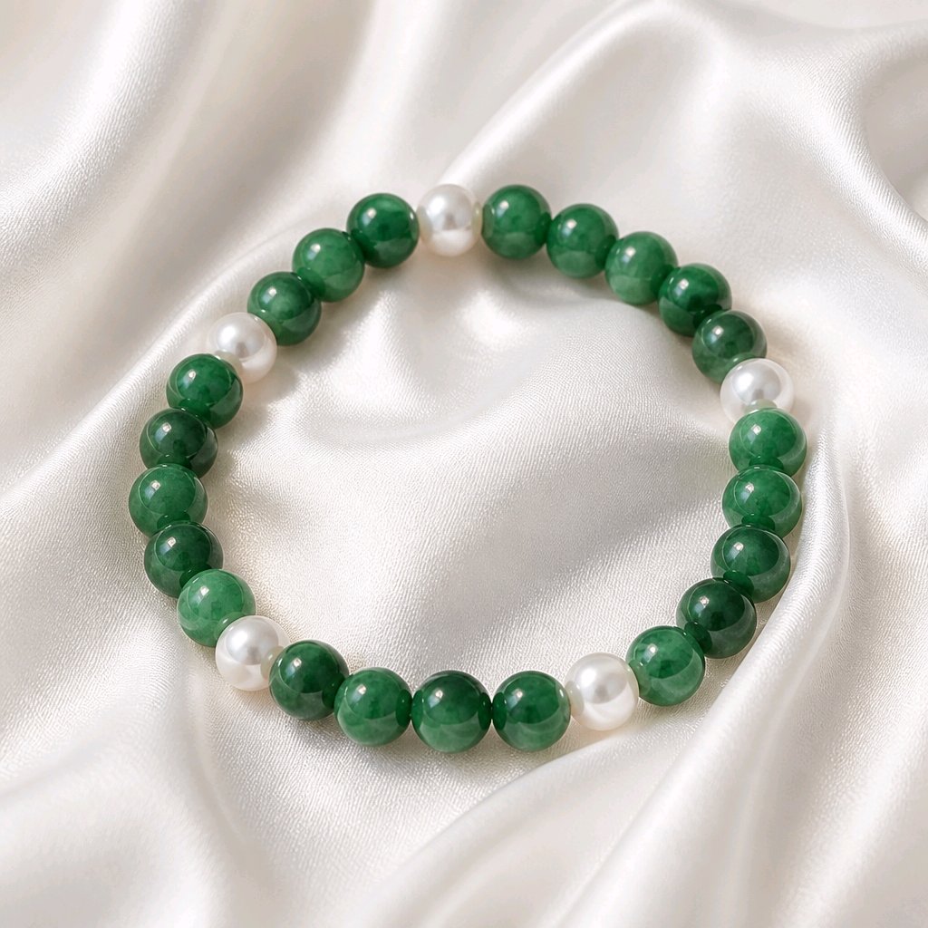 Bracelet perles rondes vert foncé/blanc