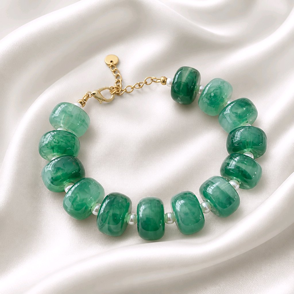 Bracelet grosses perles vert marbré