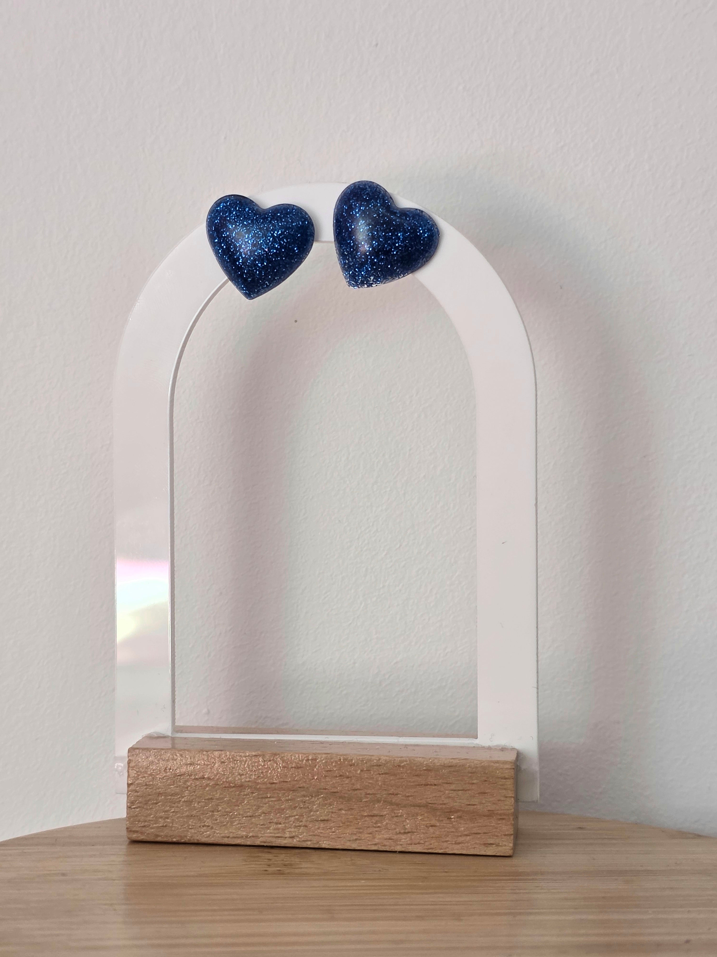 Puces d oreilles grand coeur - bleu pailleté
