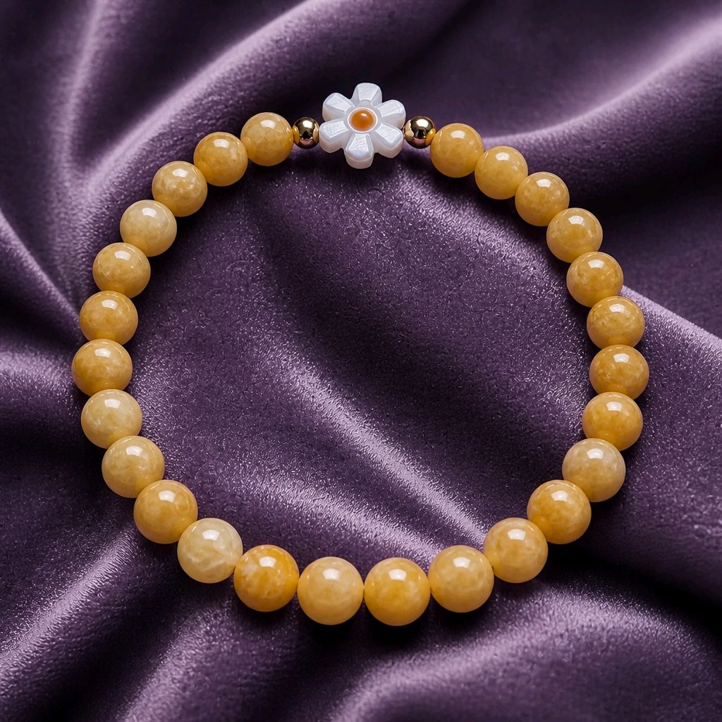 Bracelet perles jaunes et fleur orangé