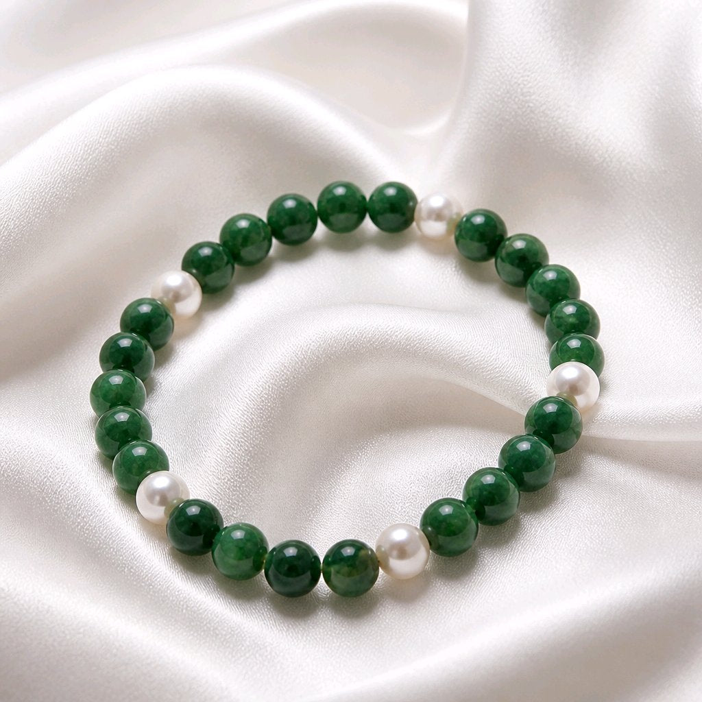 Bracelet perles rondes vert foncé/blanc