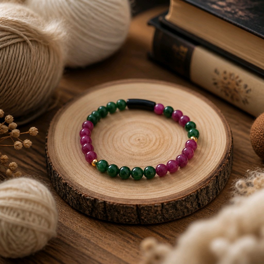 Bracelet perles rondes + tubes - Vert/framboise