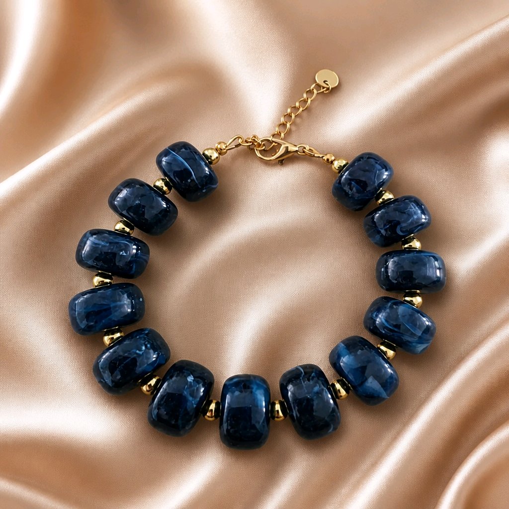Bracelet grosses perles bleu nuit marbré