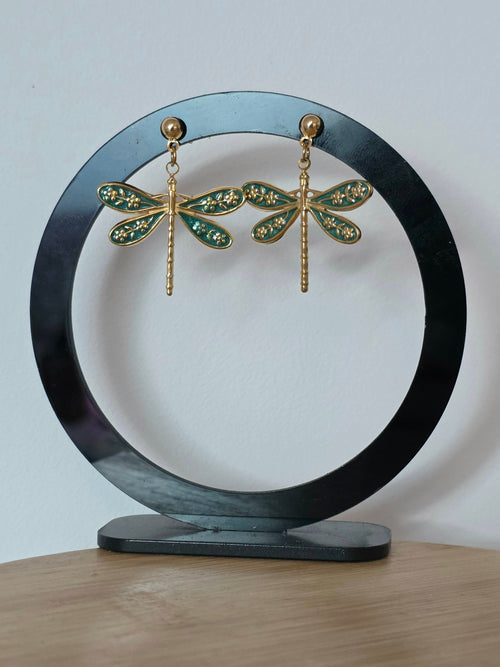 Boucles d'Oreilles dorées - Libellule Émaillée Verte