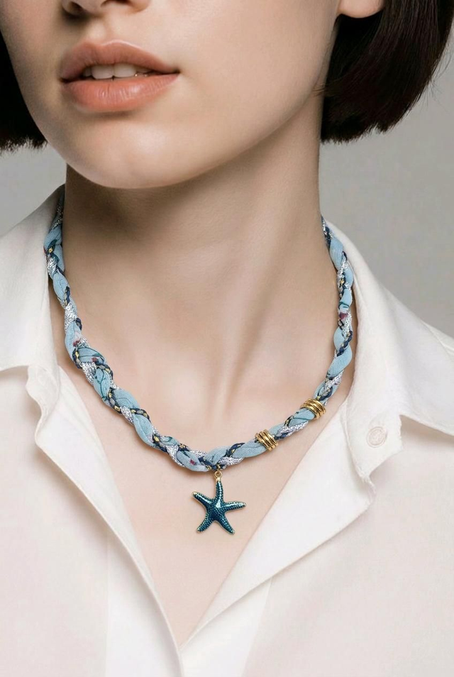 Collier tressé - couleur bleu breloque etoile de mer - la fabrique à pampilles